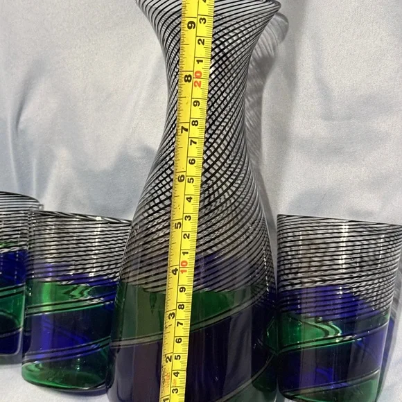 Vintage Art Glass Decanter Set Blue Green Black Spiral Hand Blown MCM Barware - Picture 3 of 4